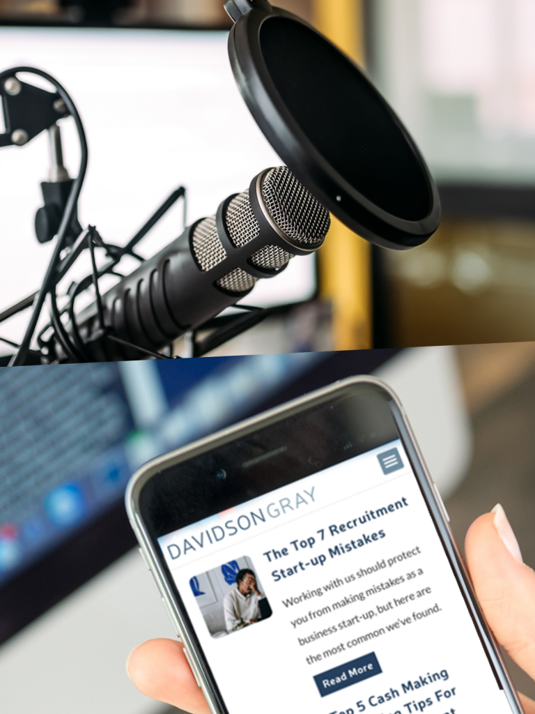 microphone and screenshot of recruitment blog